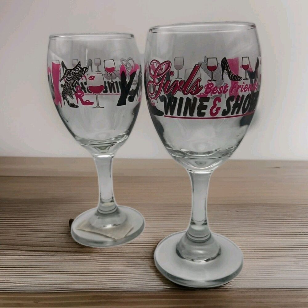Cristar 2 Wine Glass "Girls Best Friends Wine & Shoes" Fuchsia Black Gift New